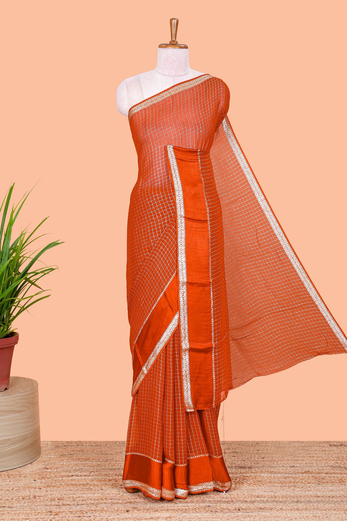 Orange Georgette Saree All Over Zari Check With Satin Border