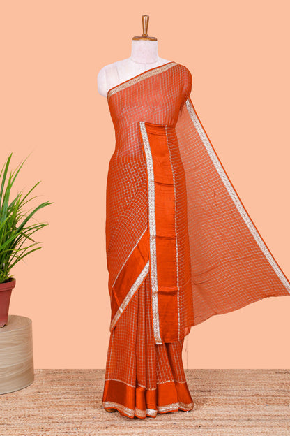 Orange Georgette Saree All Over Zari Check With Satin Border