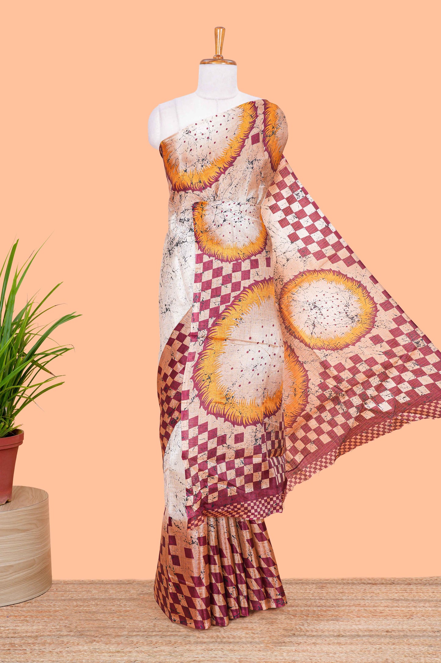 Maroon With Cream south Cotton Body Border And Pallu Geometrical Print Design