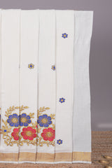 Cream floral motifs design kerala cotton saree with self zari border and matching blouse