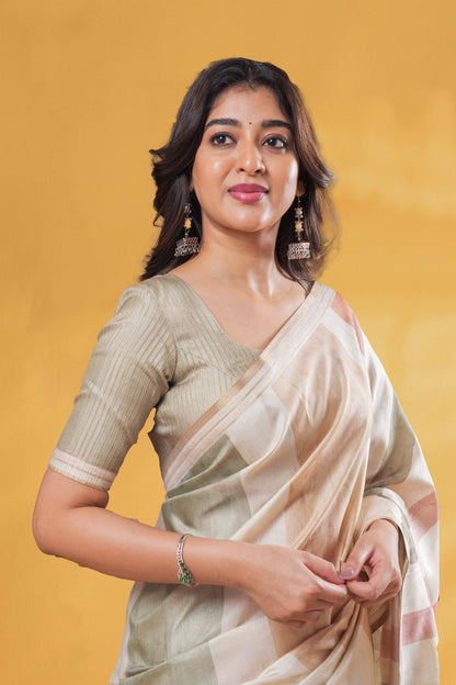 Sandal Art Tussar Saree Horizontal Stripes, Flower Motifs Across The Body And Golden Zari Pallu