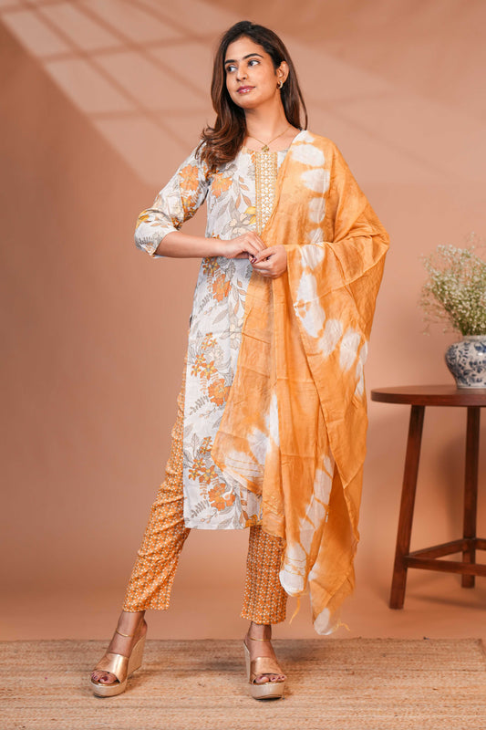 Orange floral design chamki work round neck salwar set with 3/4th sleeve, self bottom and matching dupatta