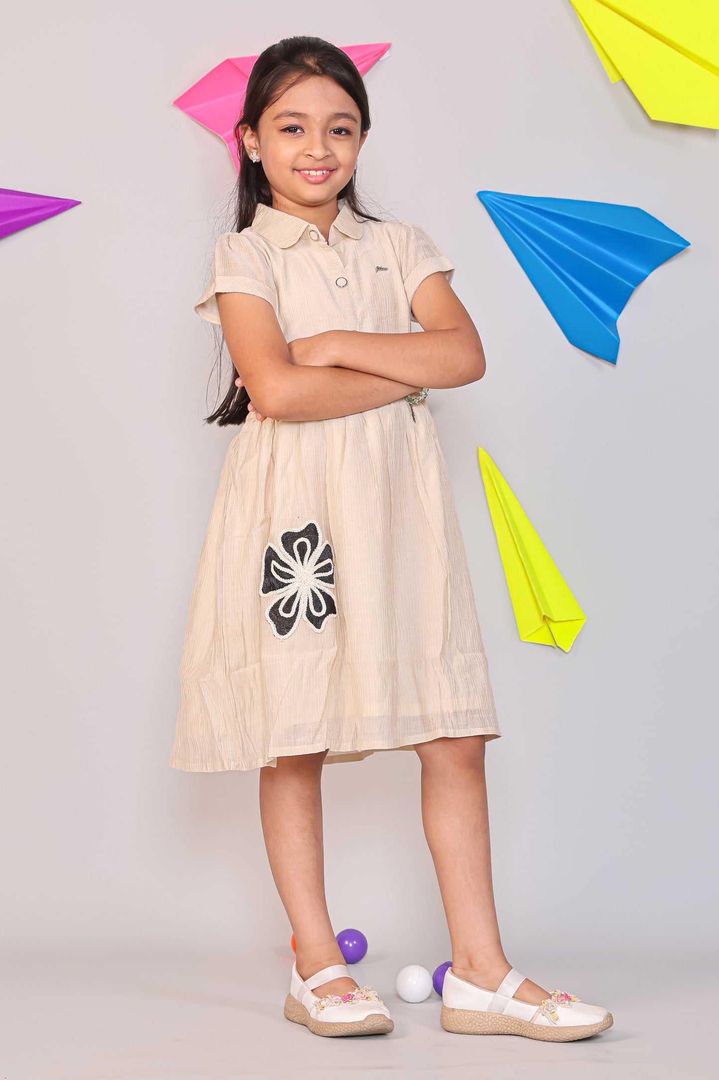 Girls Beige Cotton A-Line Frock - Collared Casual Summer Dress with Belt
