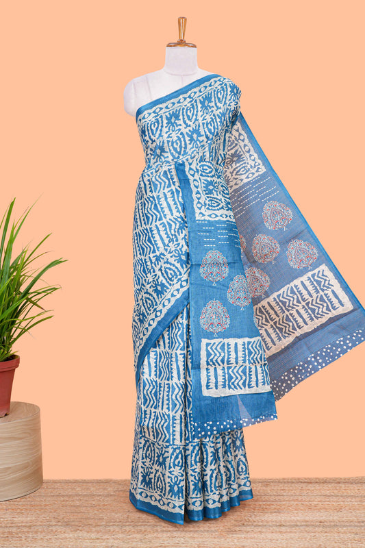 Blue Khadi Cotton Body And Pallu All Over Batick Print Design