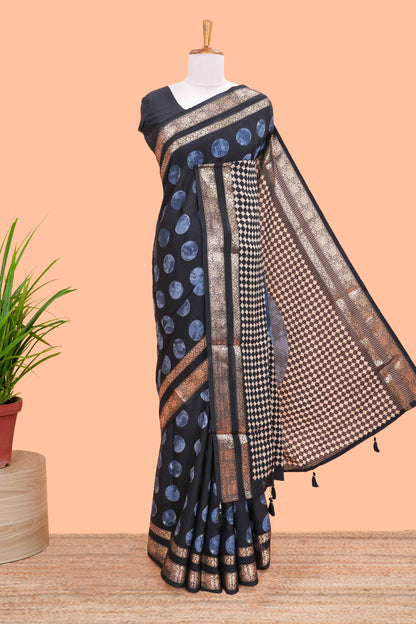 Black Semi Chiffon Saree All Over Moon Design And Retta Petta