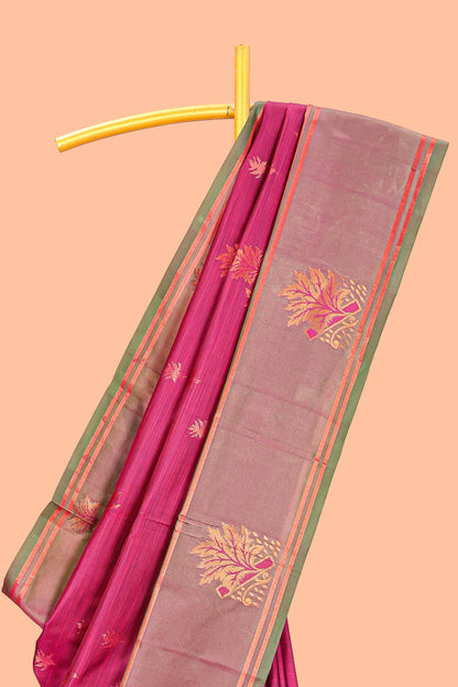 Pink Semi Soft Silk Saree Body All Over Leaf Motifs Zari Butti And Bentex Border With Grand Zari