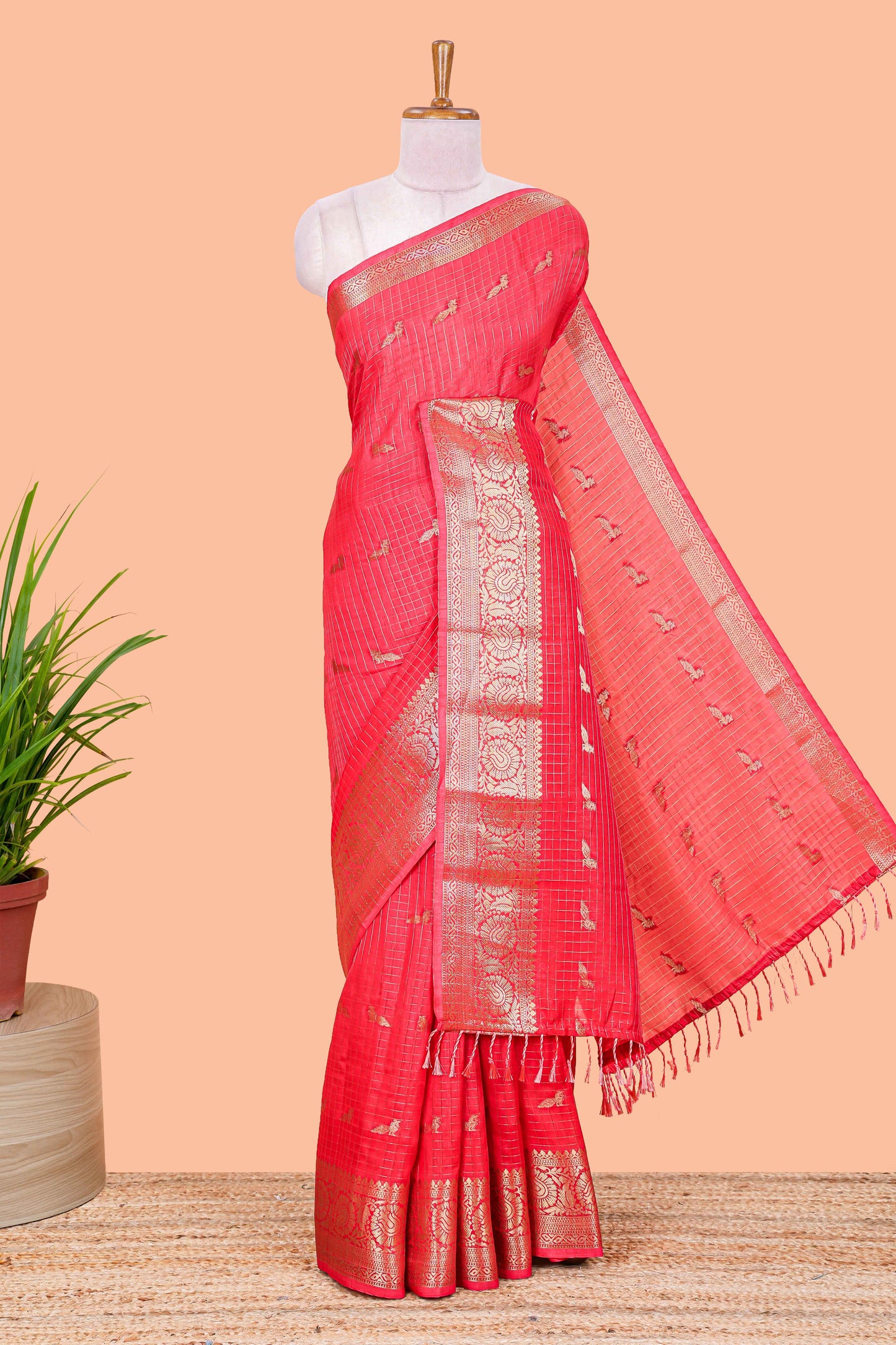 Pink checked peacock zari motifs dola silk saree with self zari border and matching blouse