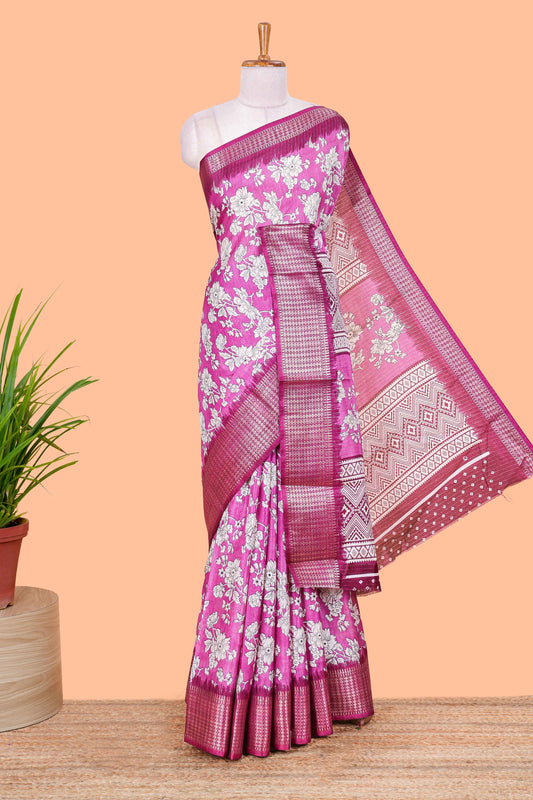 Purple Dola Silk Saree  Floral Printed With Jacquard Border
