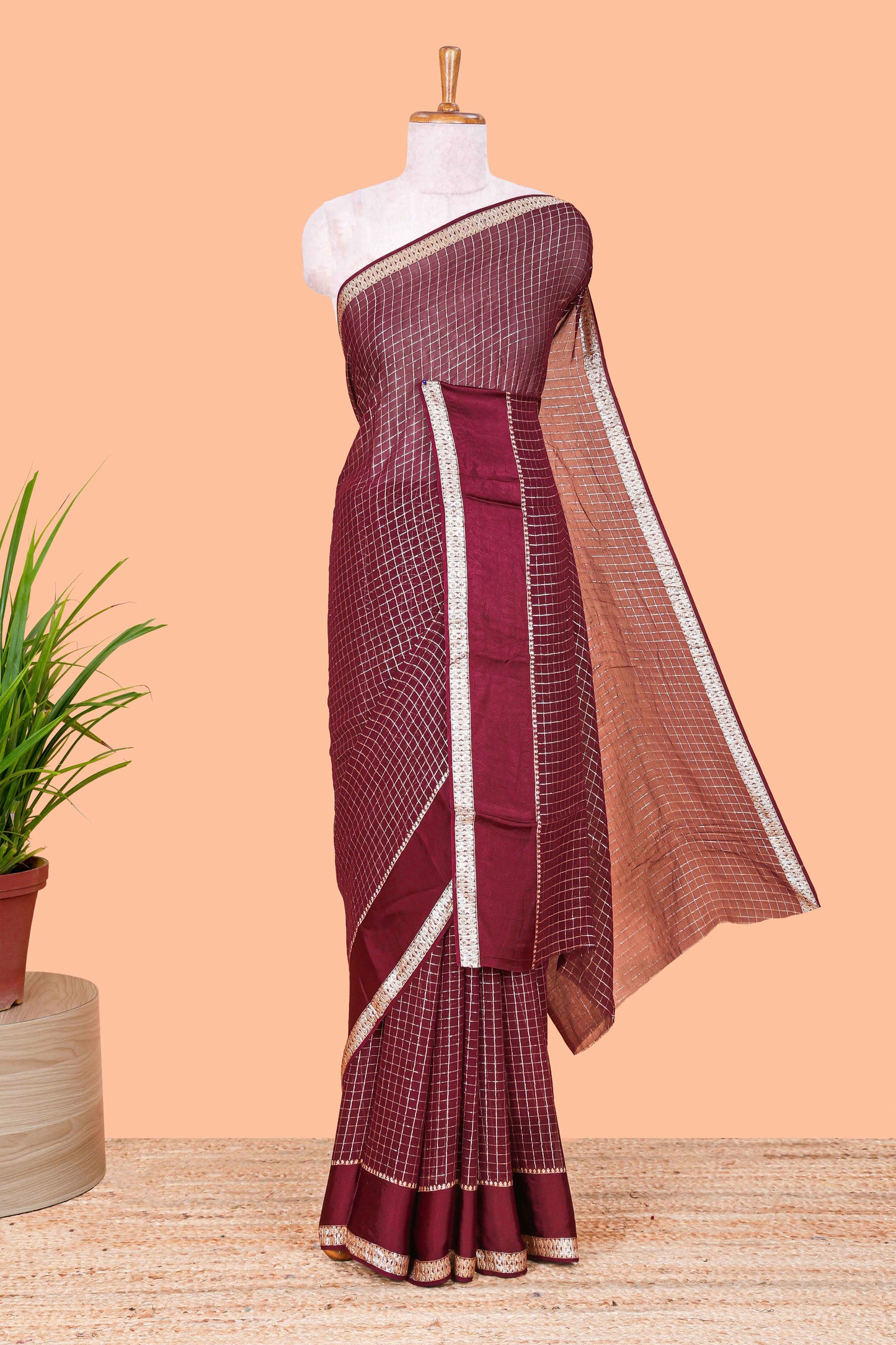 Brown Georgette Saree All Over Zari Check With Satin Border