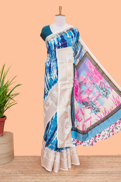 dolo silk saree with tie and dye abstract print all over body with kanchipuram border and rajastani village art pallu and floral print blouse