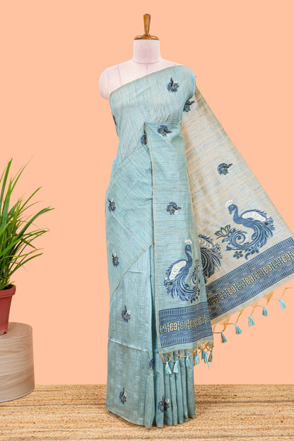 Green munga cotton peacock butta saree with fine thread weaving, borderless style and matching blouse