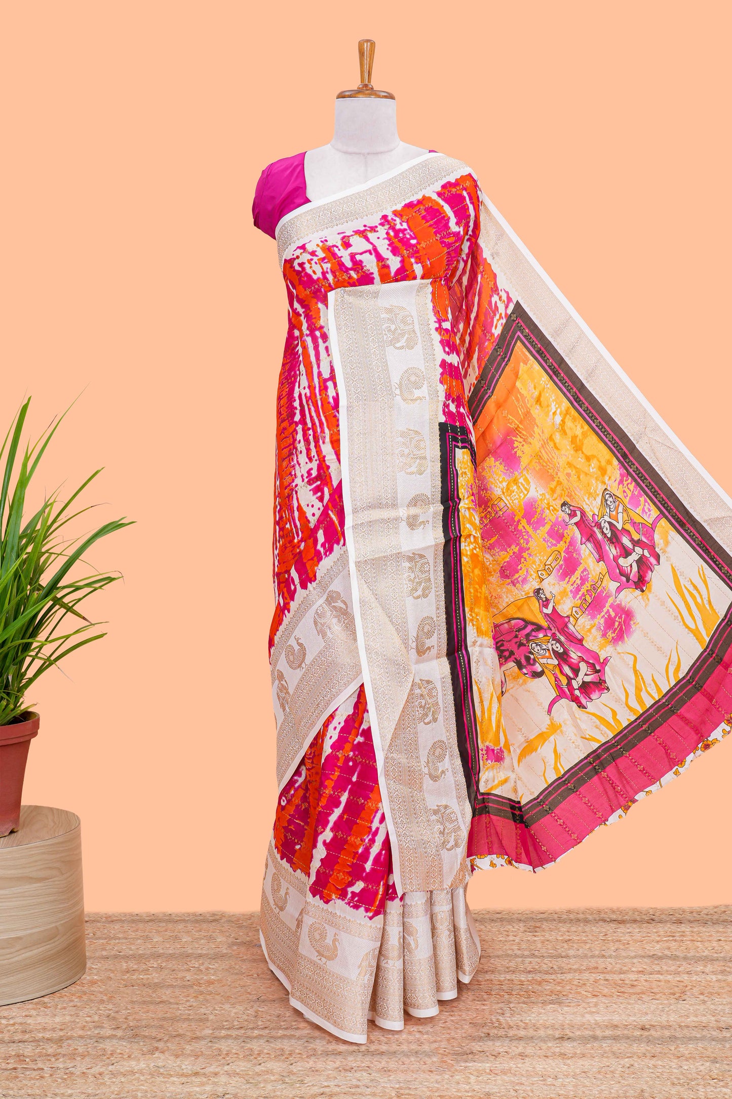 Dolo Silk Saree With tie and dye Abstract Print all Over Body with Kanchipuram Border and Rajastani Village art Pallu and Floral Print Blouse