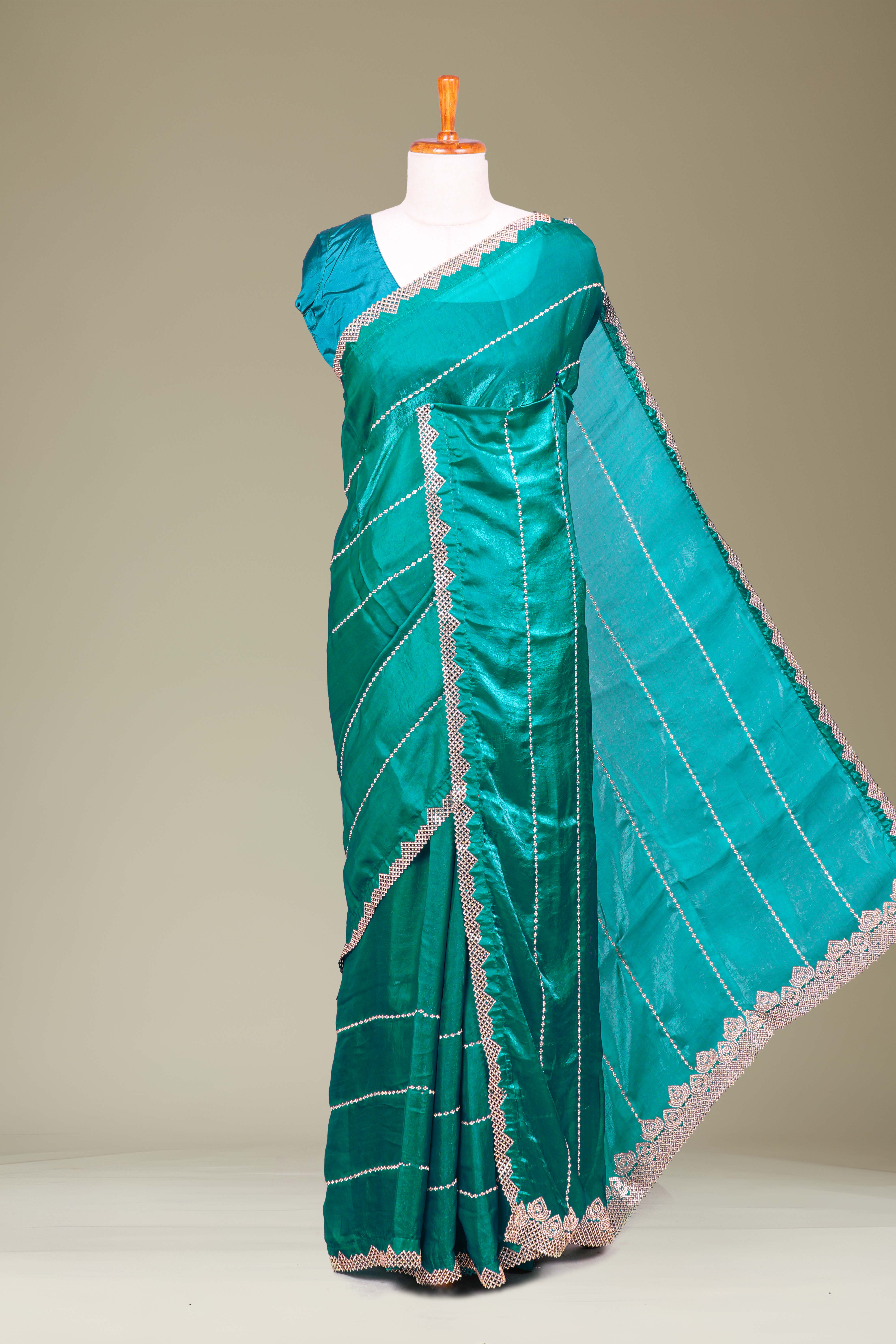 Peacock Green Fendi Satin Saree All -Over Zarkan Diamond Stone Work