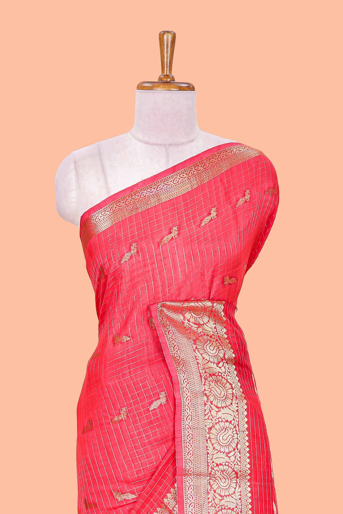 Pink checked peacock zari motifs dola silk saree with self zari border and matching blouse
