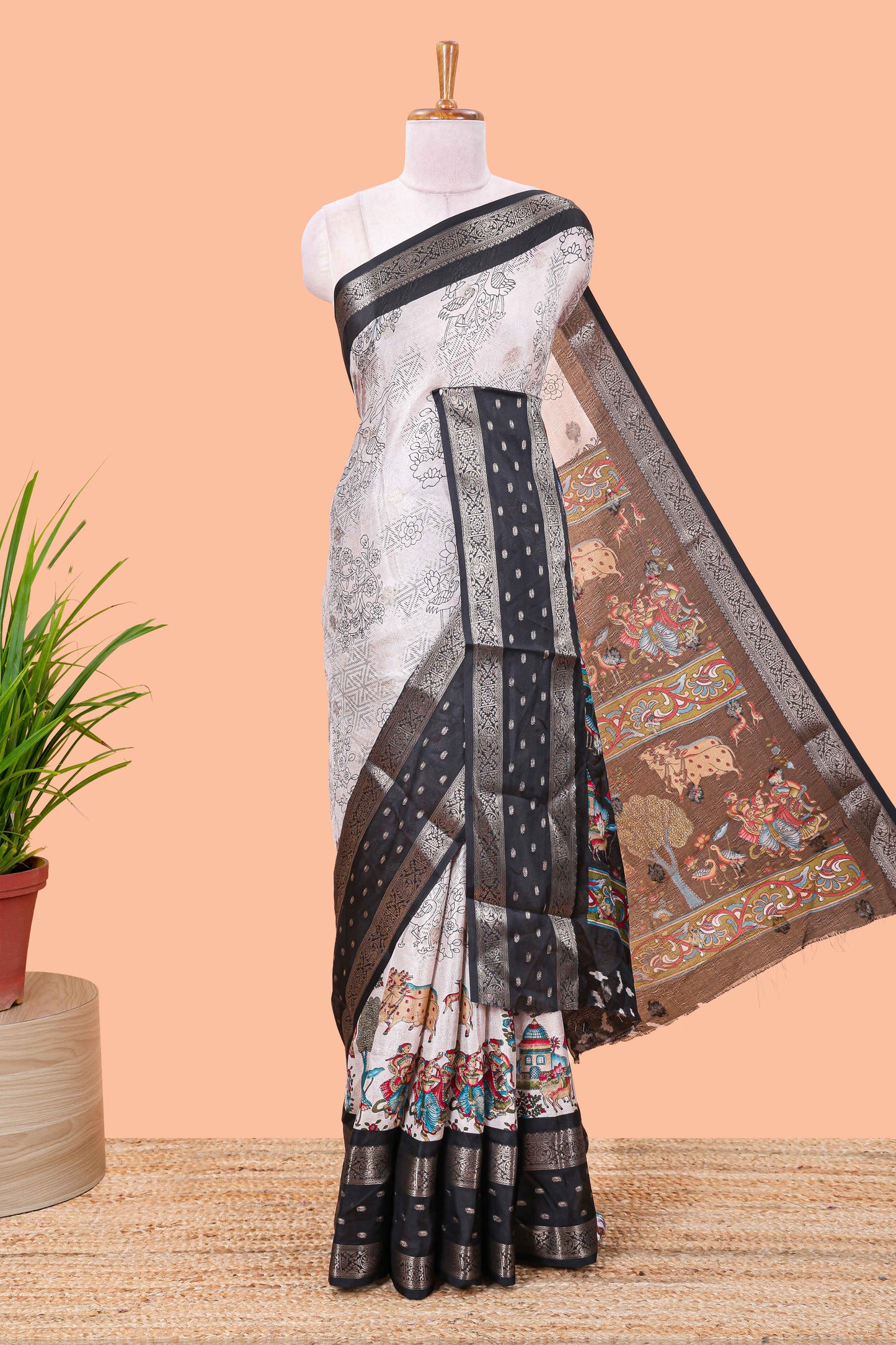 Black Mars Georgette Body Floral Print With Contrast Bentex Border Above Kalamkari Print With Kalamkari Pallu