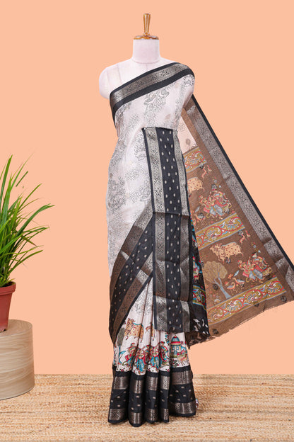 Black Mars Georgette Body Floral Print With Contrast Bentex Border Above Kalamkari Print With Kalamkari Pallu