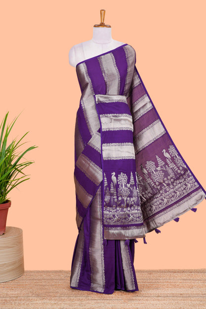 Georgette Saree Copper Zari Stripes Across The Body With Floral Design Pallu