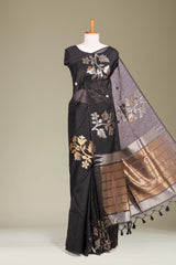 Black Munga Cotton Floral Motifs Weaving Across The Body With Gold Zari Stripes Pallu Along With Butta Design Blouse