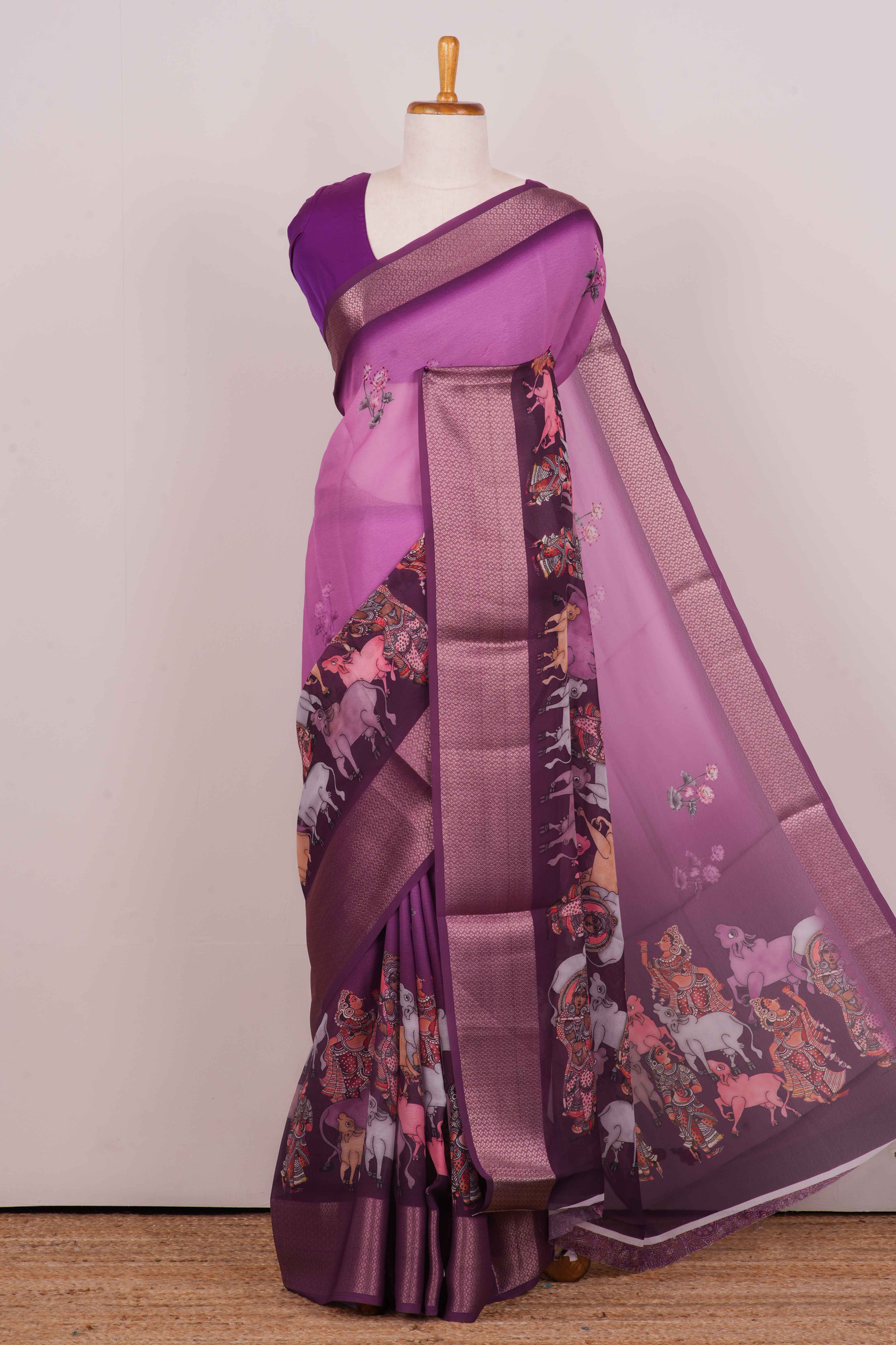Semi Chiffon and Pattachitra Printed Saree With Jacquard Border Along With Blouse