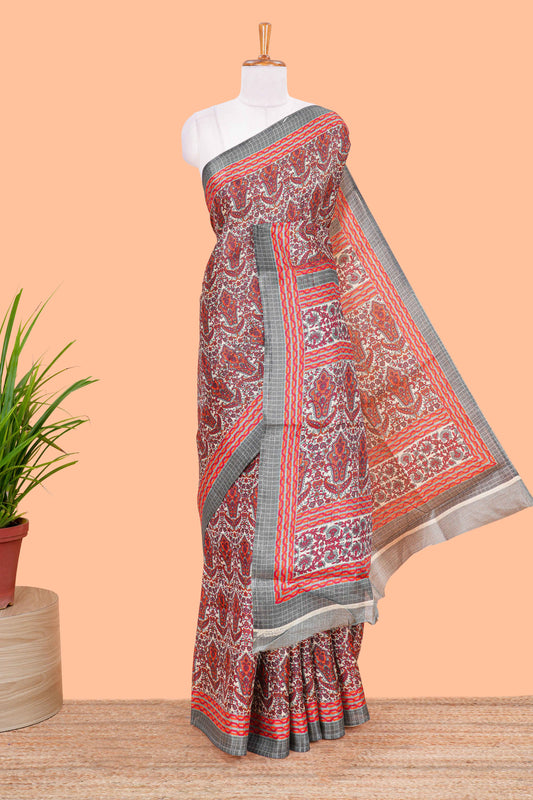 Cream pashmina print south cotton saree with contrast border and blouse