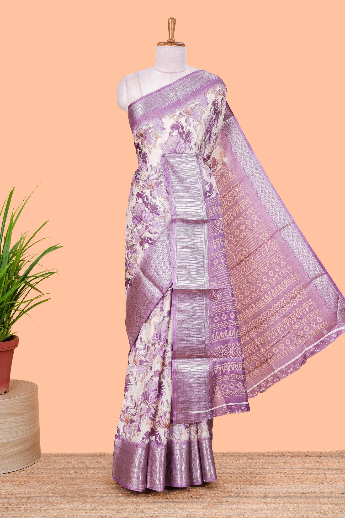 Lavender Semi Banaras Dola Silk Floral Printed With Jacquard Border