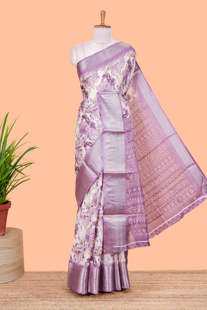 Lavender Semi Banaras Dola Silk Floral Printed With Jacquard Border