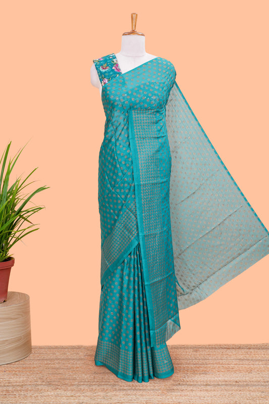 Green Moss Chiffon Saree All Over Foil Printed Along With Floral Design Blouse