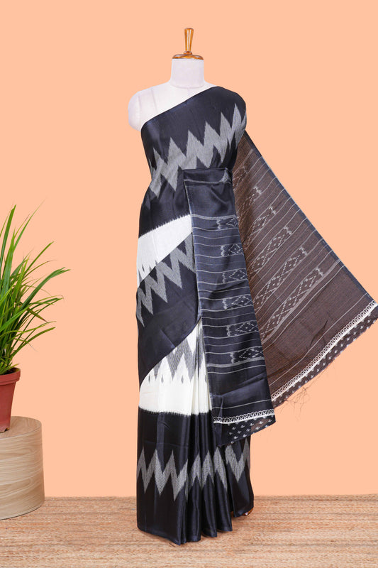 Black & white geometric ikkat style south cotton saree with striped pallu and blouse