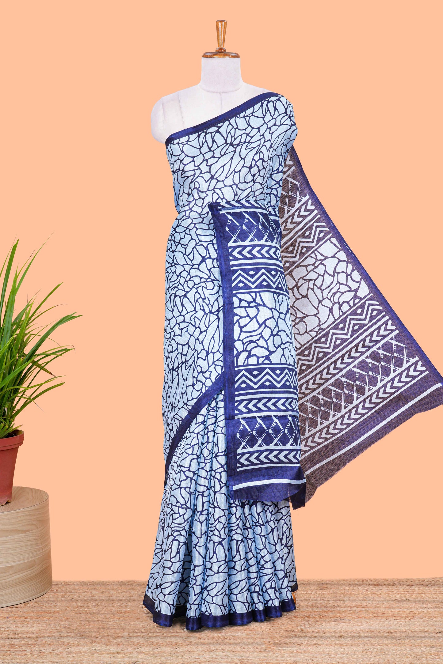 Blue south Cotton Abstract Print Design In Body and Pallu