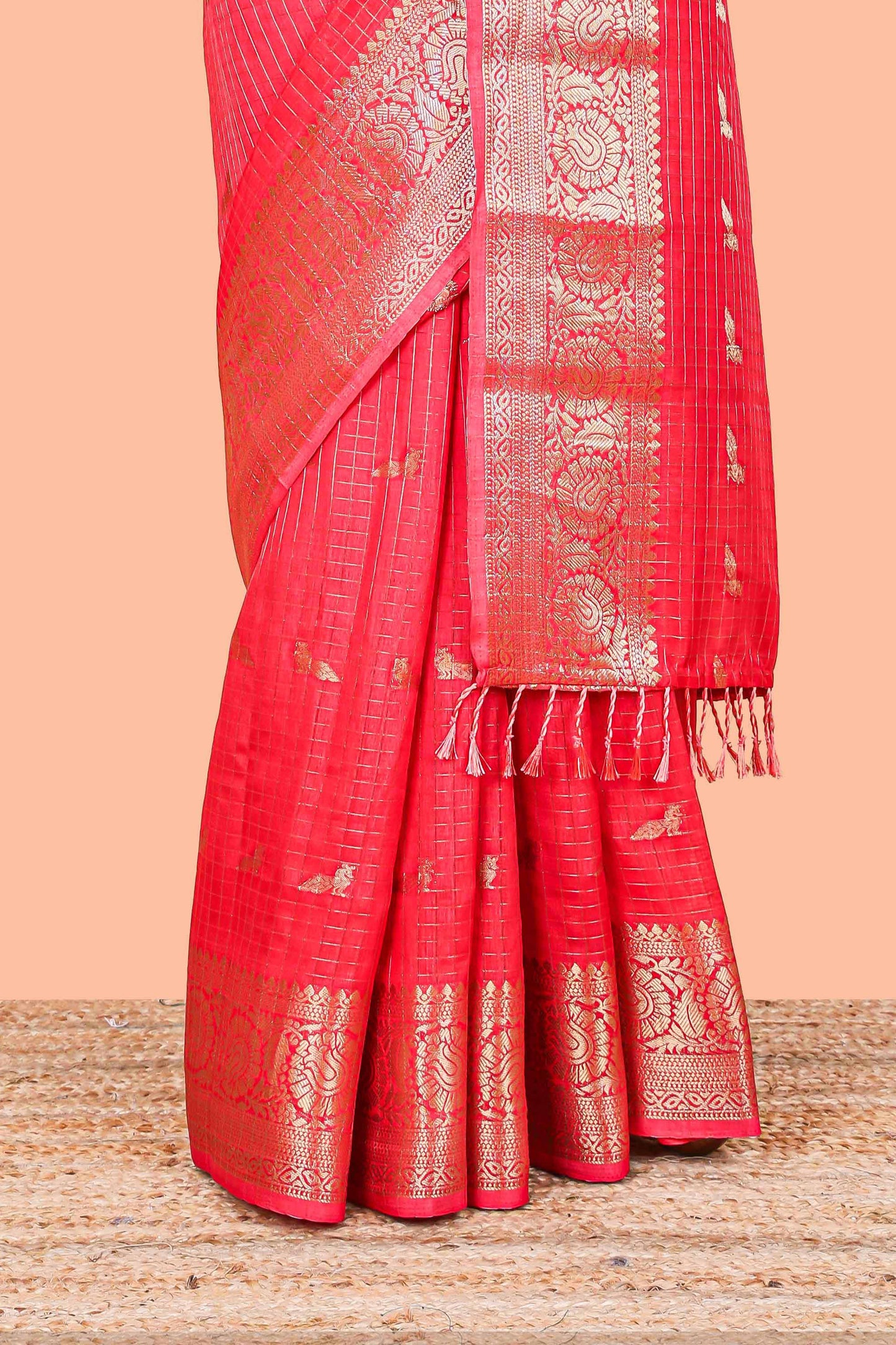 Red checked peacock zari butta art raw silk saree with zari border and matching blouse