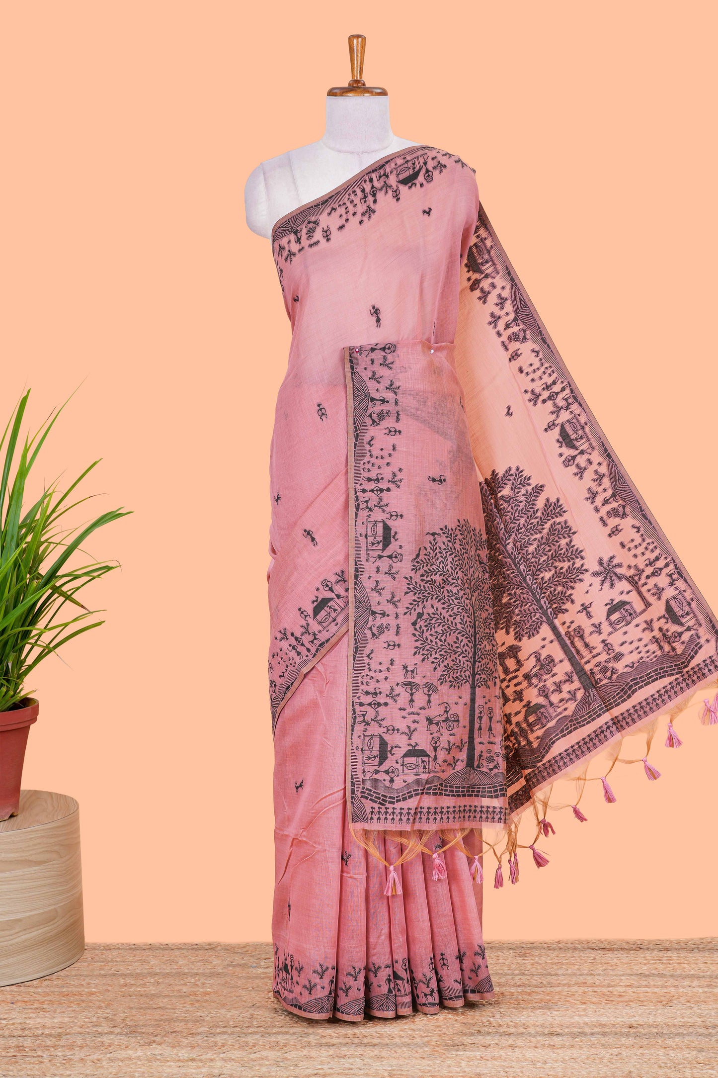 Pink thread woven warli design munga cotton saree with self border and matching blouse