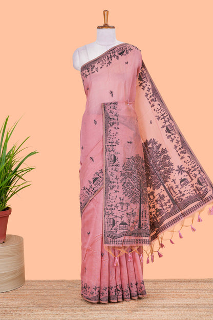 Pink thread woven warli design munga cotton saree with self border and matching blouse