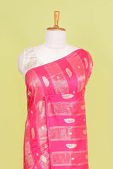 Rani Pink Viscose Georgette Saree Zari Woven Stripes, Floral Pattern Across The Body With Paisley Motifs Pallu