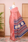 White Modal Silk Saree Body Detailing Contrast Red Vertical Stripes That Add a Sleek and Elegant Touch. The Pallu Are Highlighted Ajrakh Design Along With Blouse