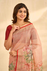Peach Linen Sarees With Aari Work And Digital Printed