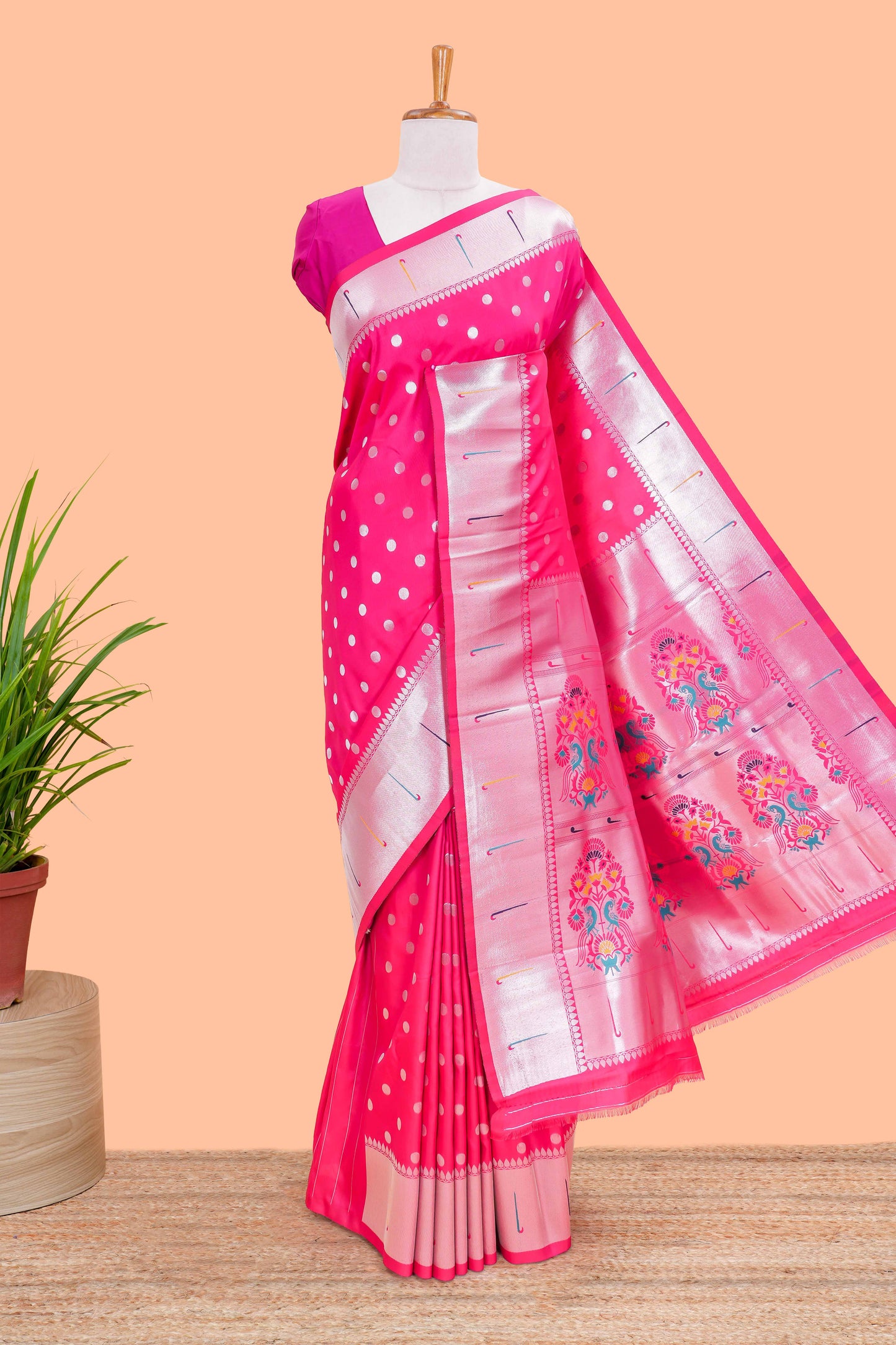 Rani Pink Semi Banarasi Paithani Saree Silver Zari Paisa Motifs Across The Body & Paithani Pallu Along With Blouse