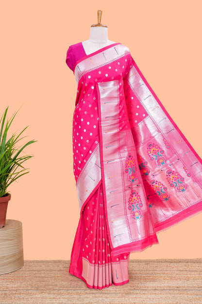 Rani Pink Semi Banarasi Paithani Saree Silver Zari Paisa Motifs Across The Body & Paithani Pallu Along With Blouse