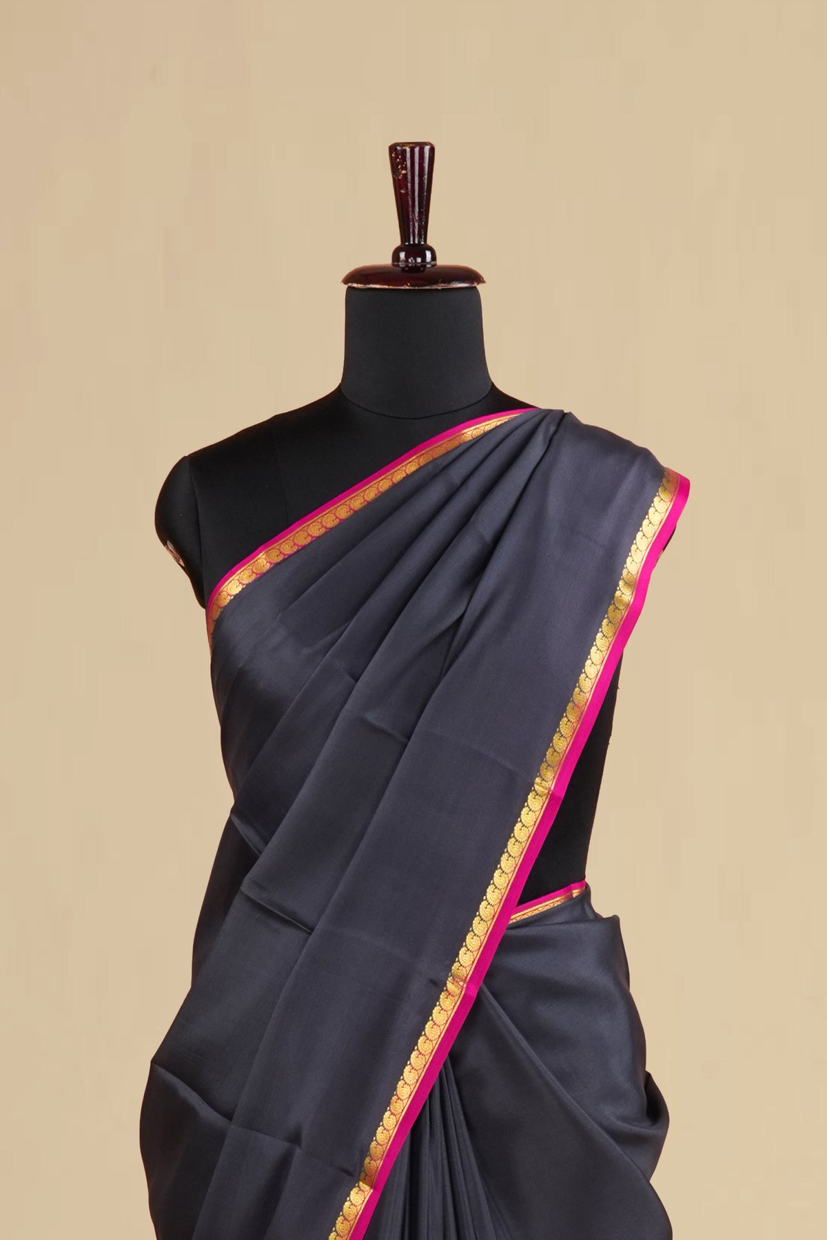 Pure Mysore Silk Saree in Charcoal Black with Contrast Pink-Gold Border and Rich Magenta Pallu