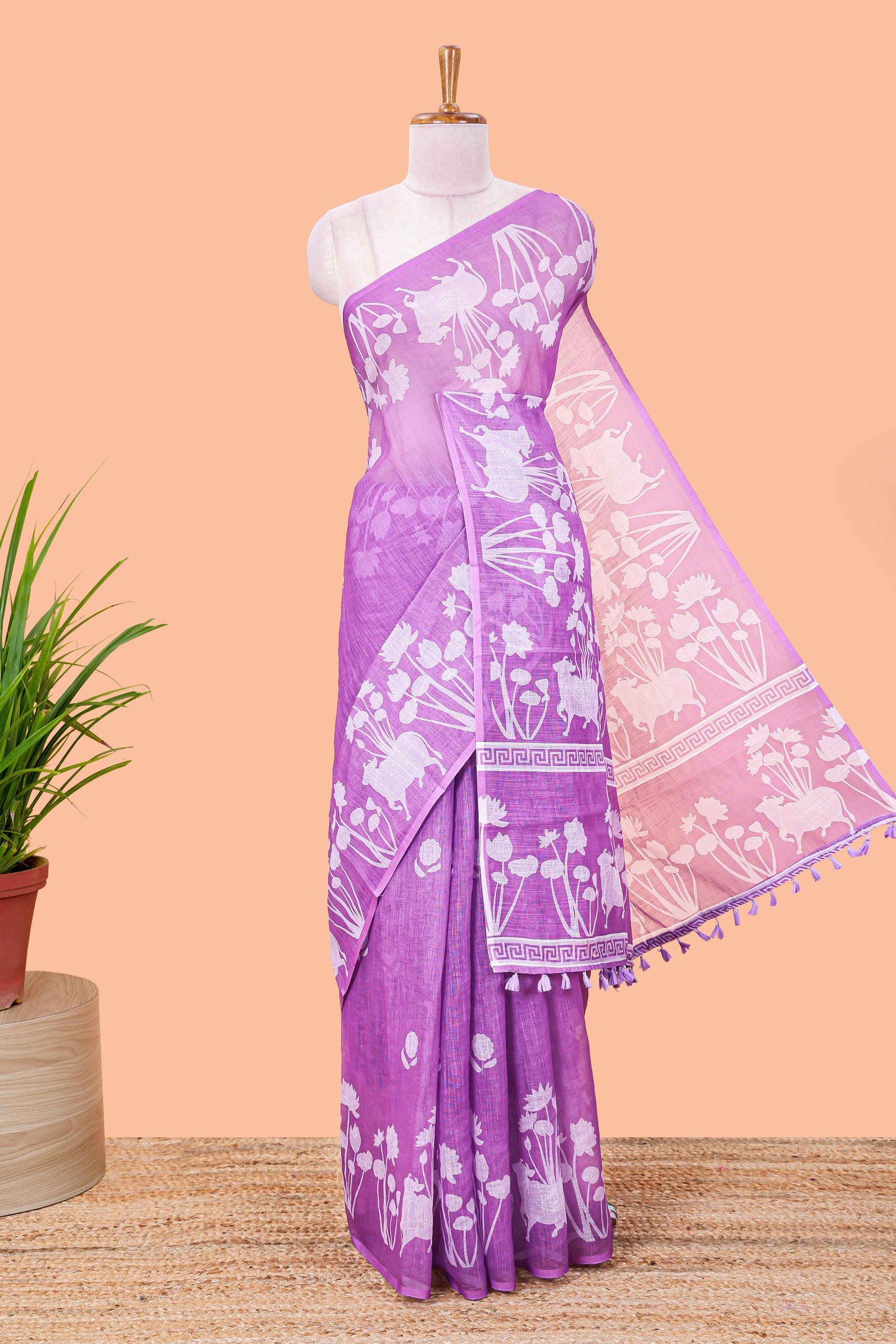 Lavender Linen Cotton Body Flower Print With Border Pichwai and Lotus Flower Print and Printed Blouse