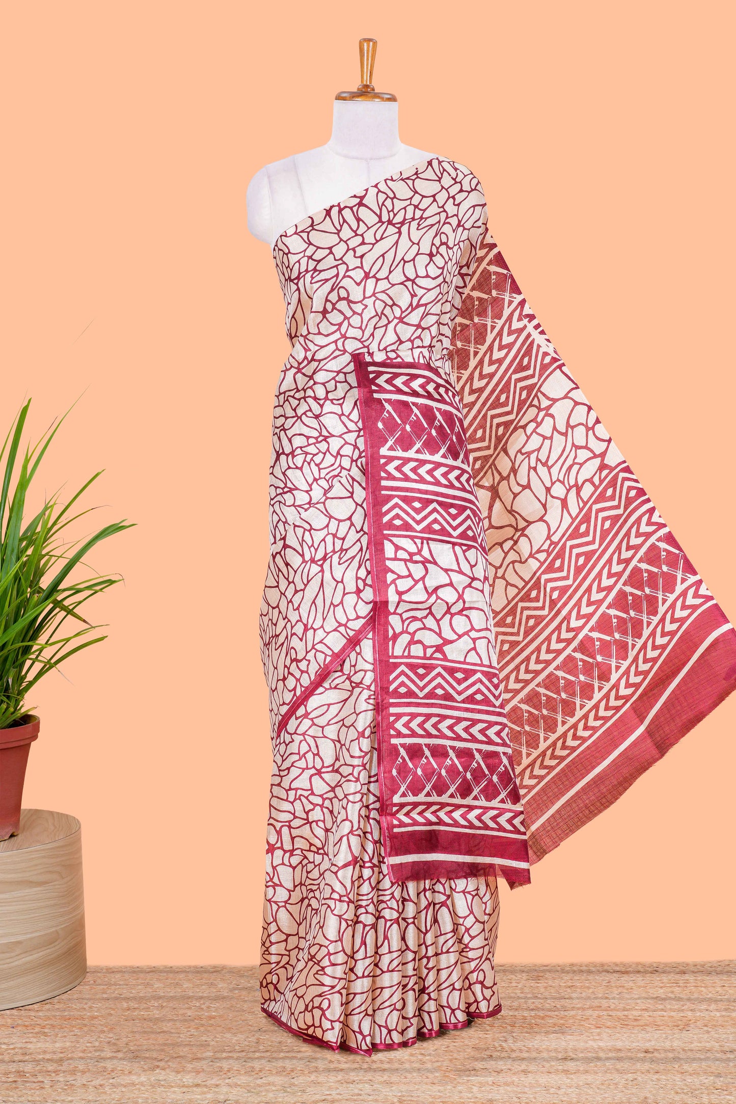 Cream With Maroon Khadi Cotton Abstract Print Design In Body and Pallu