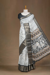 Dola Silk Saree Pen Kalamkari Print Across The Body With Contrast Floral Zari Weaving Border Along With Zari Stripes Blouse