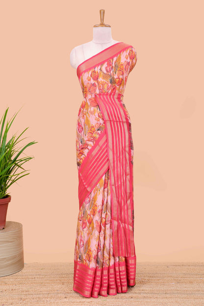 Pink moss chiffon saree with striped floral print, contrast zari border and pallu