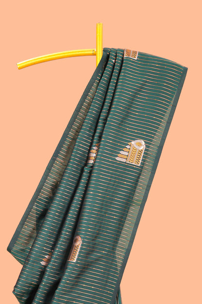 Dark Green Semi Soft Silk Saree Body All Over Vaira Oosi Zari Pattern With Gold Zari Butti and Borderless Grand Zari Rich Pallu