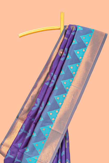Violet Semi Soft Silk Saree Body All Over Ikkat Pochampally Thread Weaving and Chevron Pattern Border With Ikkat Rich Pallu