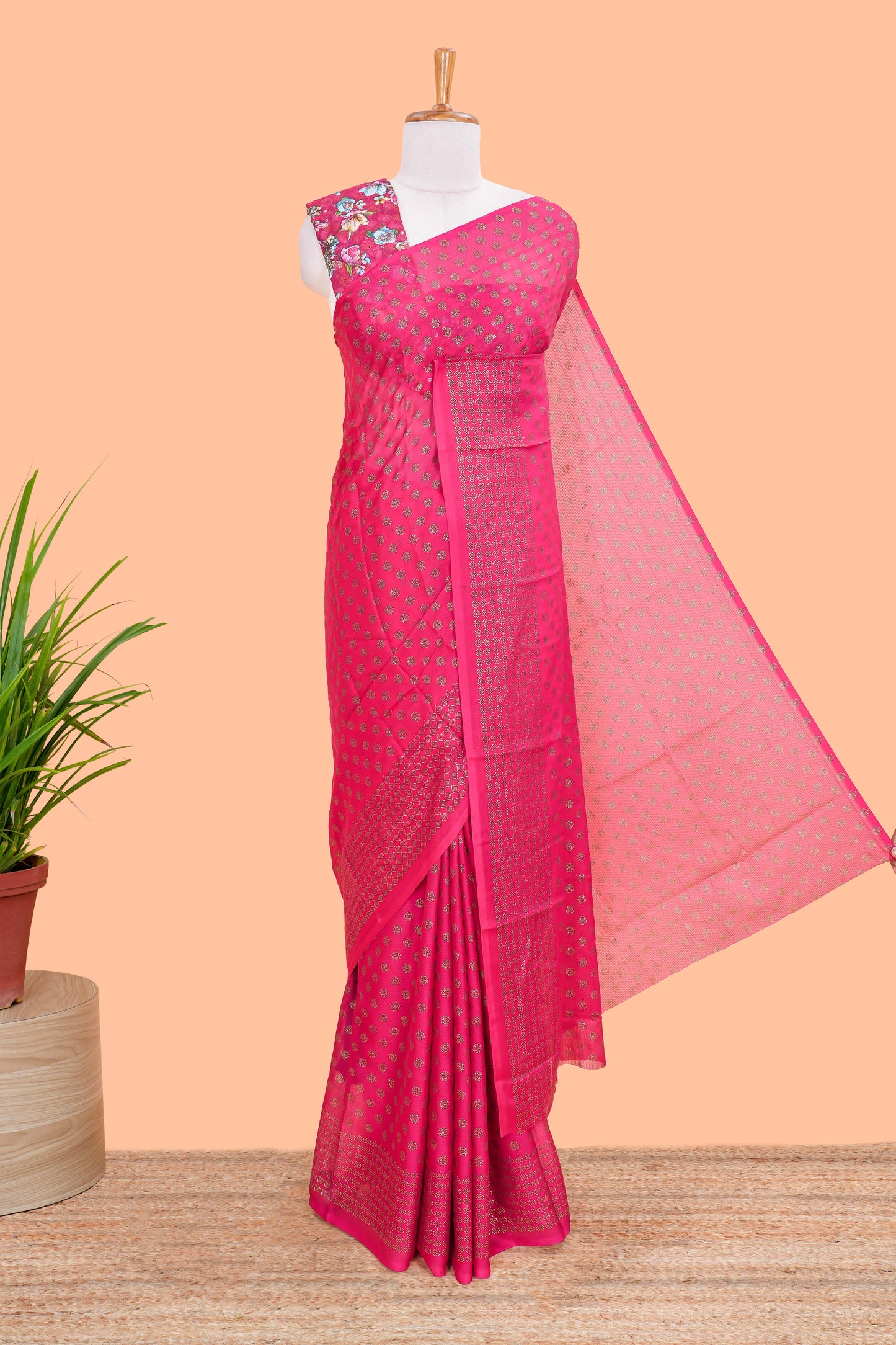 Red Moss Chiffon Saree All Over Foil Printed Along With Floral Design Blouse