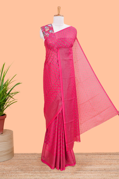 Red Moss Chiffon Saree All Over Foil Printed Along With Floral Design Blouse