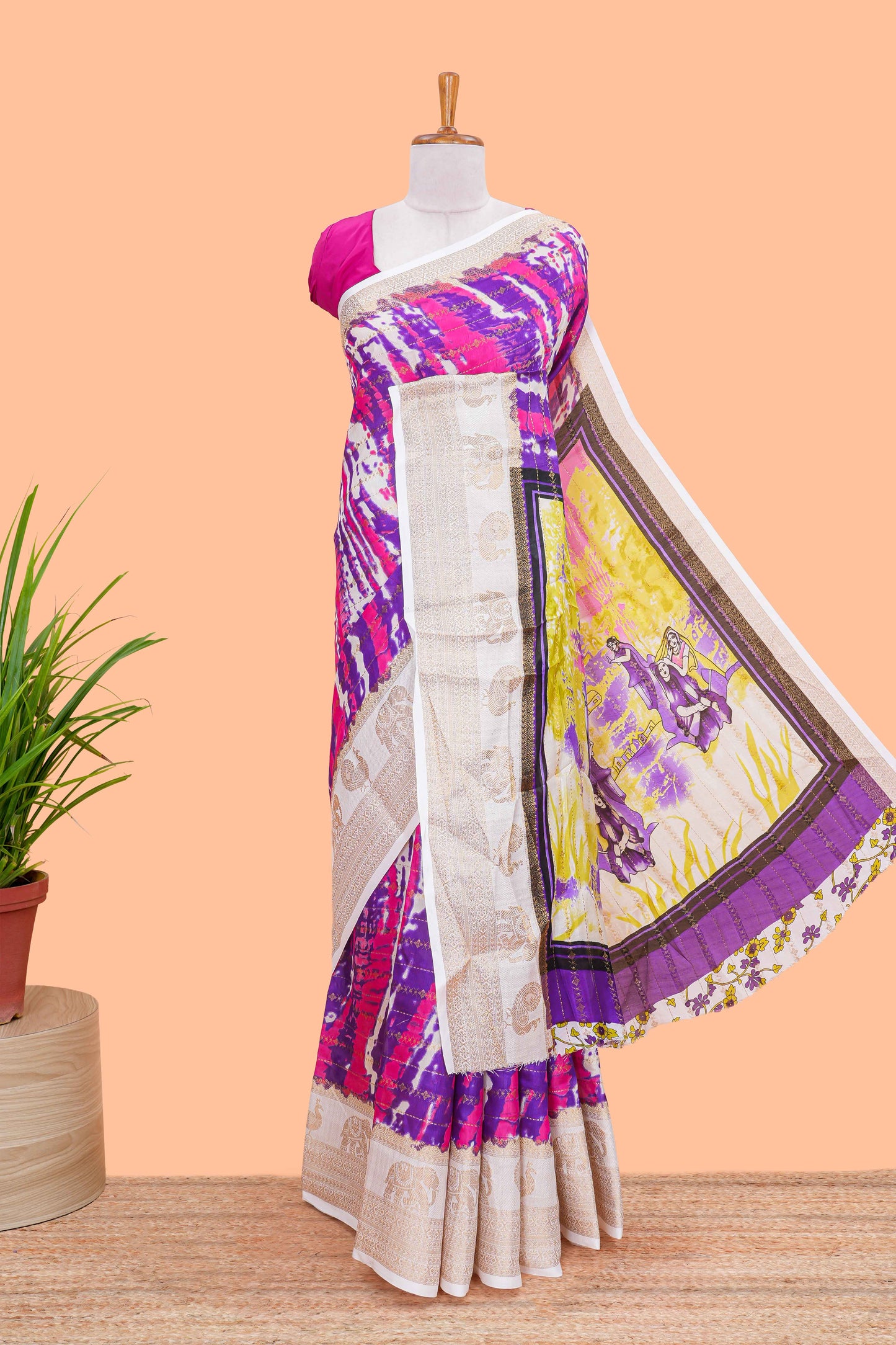dolo silk saree with tie and dye abstract print all over body with kanchipuram border and rajastani village art pallu and floral print blouse