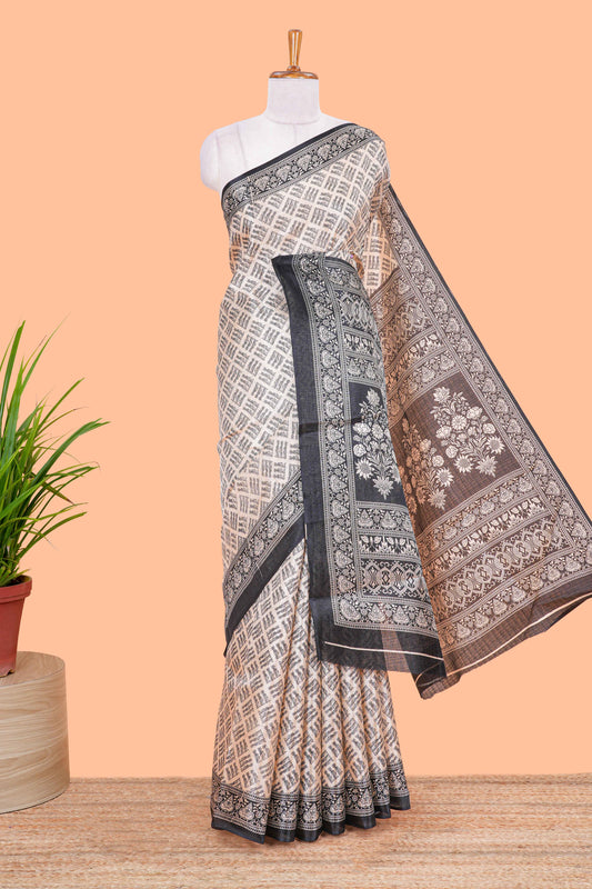 Sandal floral print all over body south cotton saree with contrast border and blouse