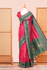 Maroon Retta Petta Art Silk Saree With Plain Body Retta Petta Border Contrast Intricate Gold Zari Stripes Pallu Along With Geometric Motifs Blouse