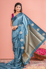 Art Silk Saree Zari Butta Across The Body With Gold Zari Weaving Pallu